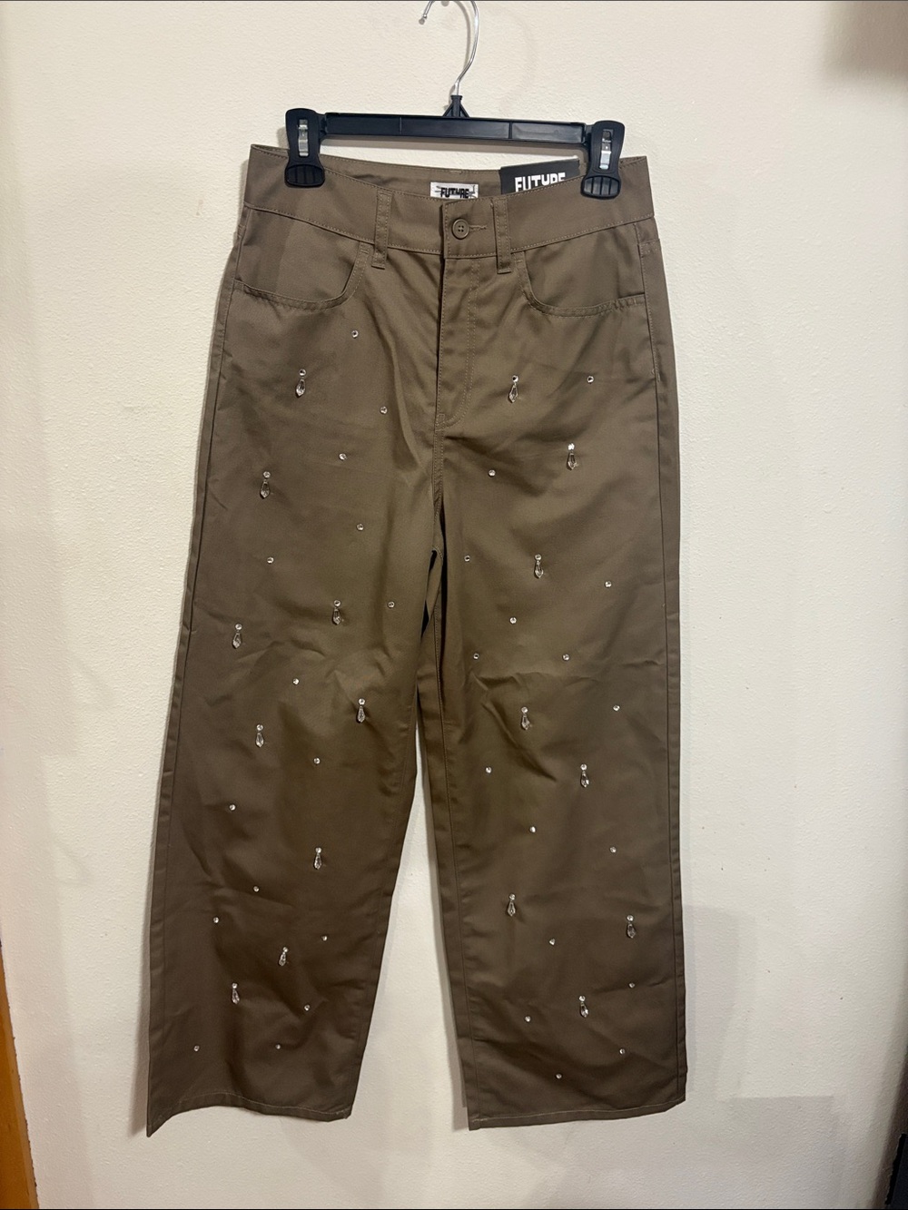 NWT Future Collective Brown Wide Leg Mid Rise Tear Drop Rhinestone Pants Size 4